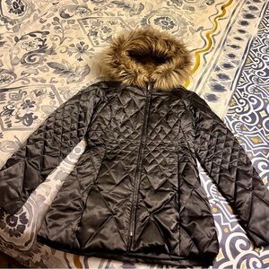 Laundry by Design Black Puffer Coat with Faux Fur Hood